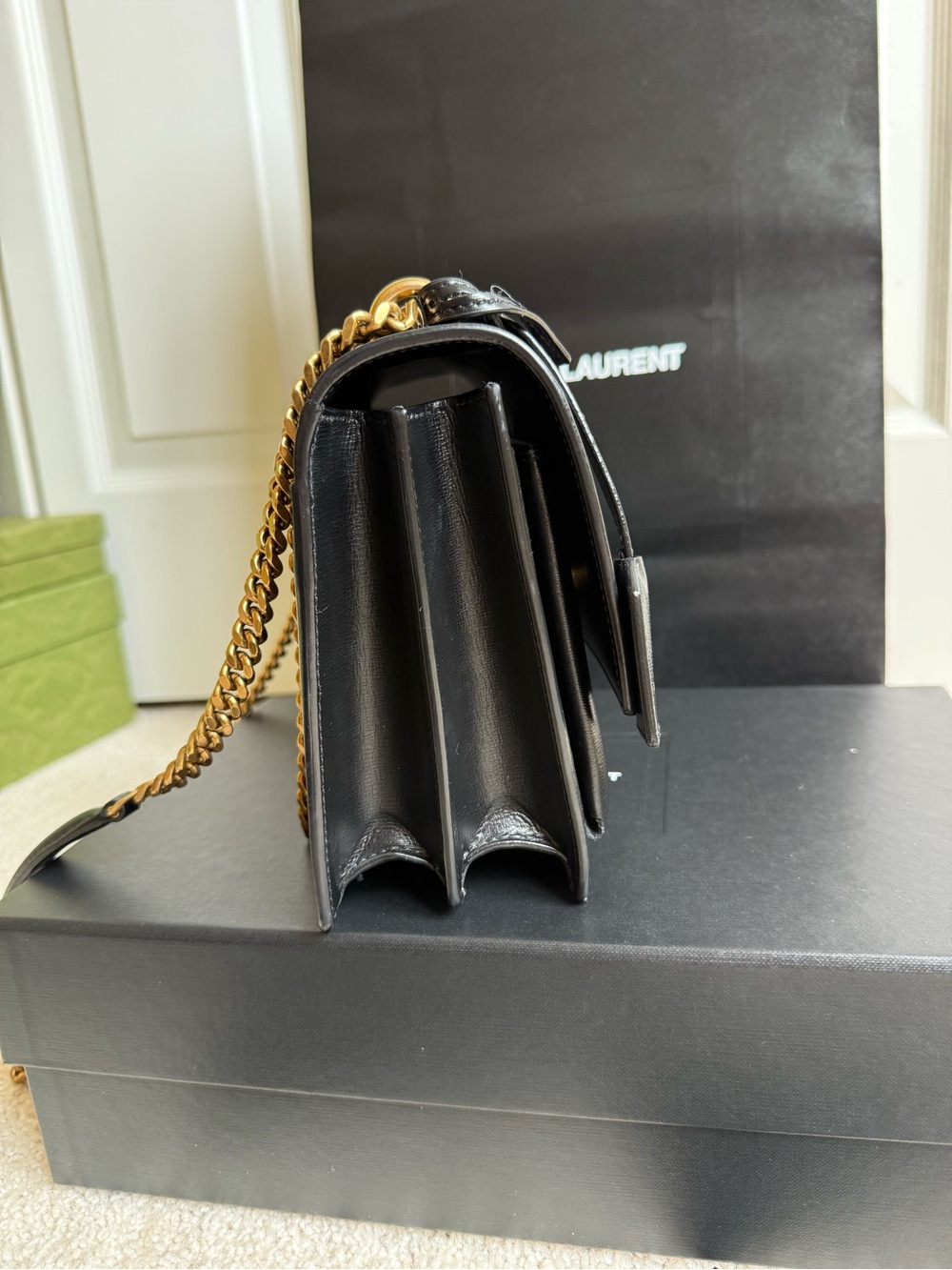 Saint Laurent Black Leather Shoulder Bag with Gold YSL Emblem - Picture 4 of 9